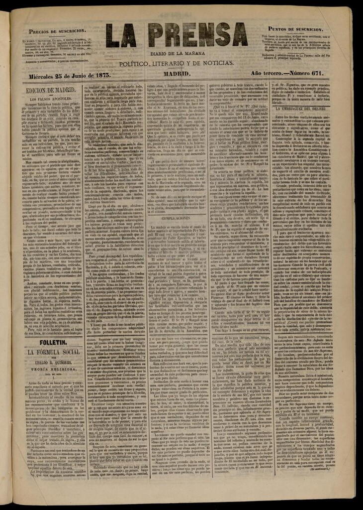 Miniatura de La Prensa : diario de la mañana : político, literario y de noticias del 25 de junio de 1873, nº 671