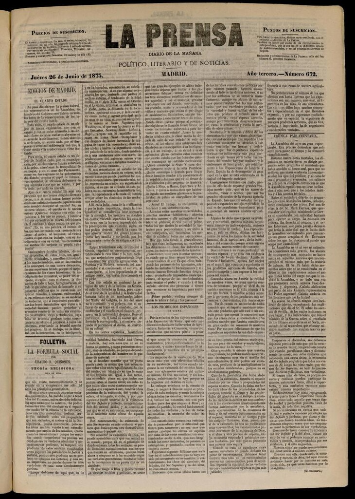 Miniatura de La Prensa : diario de la mañana : político, literario y de noticias del 26 de junio de 1873, nº 672