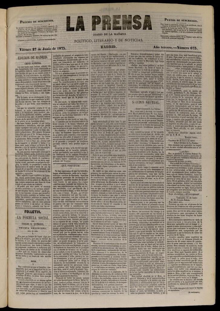 Miniatura de La Prensa : diario de la mañana : político, literario y de noticias del 27 de junio de 1873, nº 673