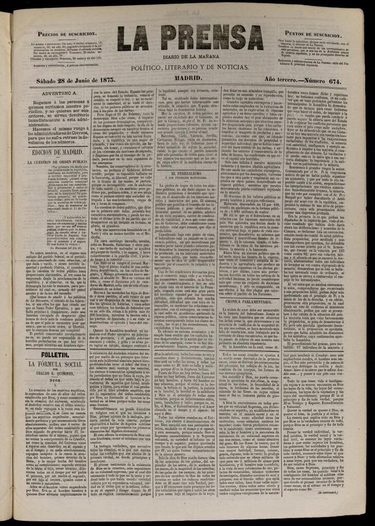 Miniatura de La Prensa : diario de la mañana : político, literario y de noticias del 28 de junio de 1873, nº 674