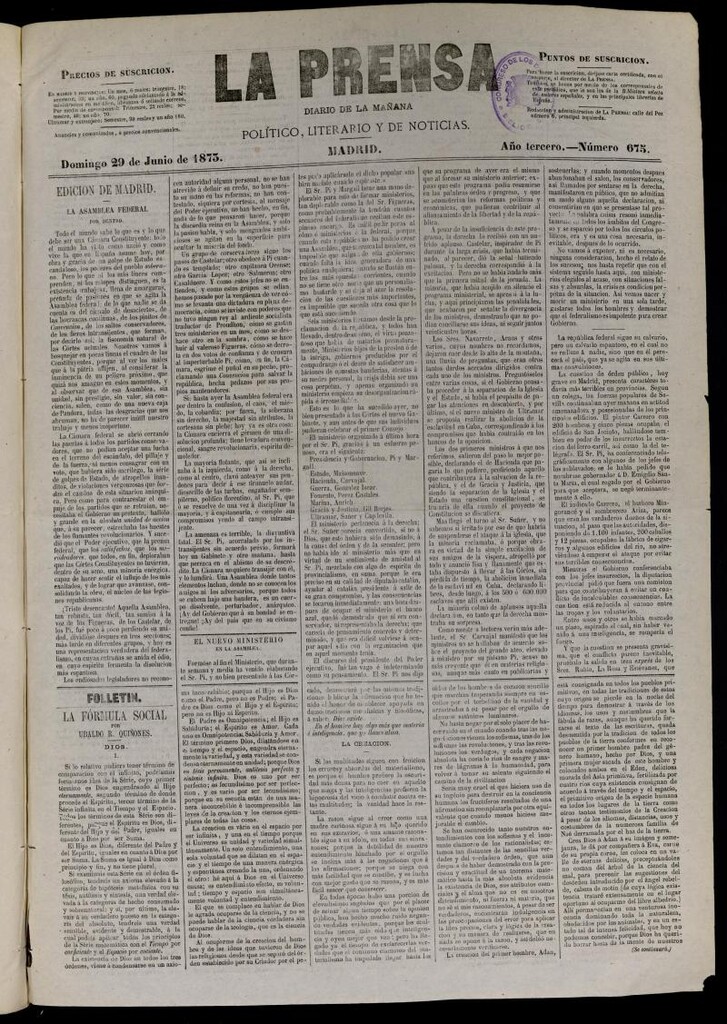 Miniatura de La Prensa : diario de la mañana : político, literario y de noticias del 29 de junio de 1873, nº 675