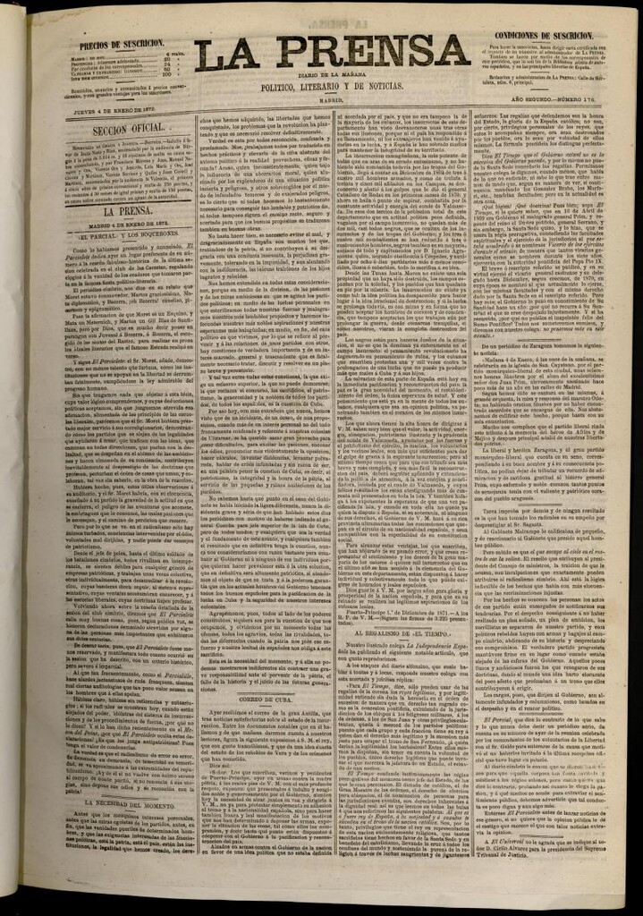 Miniatura de La Prensa : diario de la mañana : político, literario y de noticias del 4 de enero de 1872, nº 176