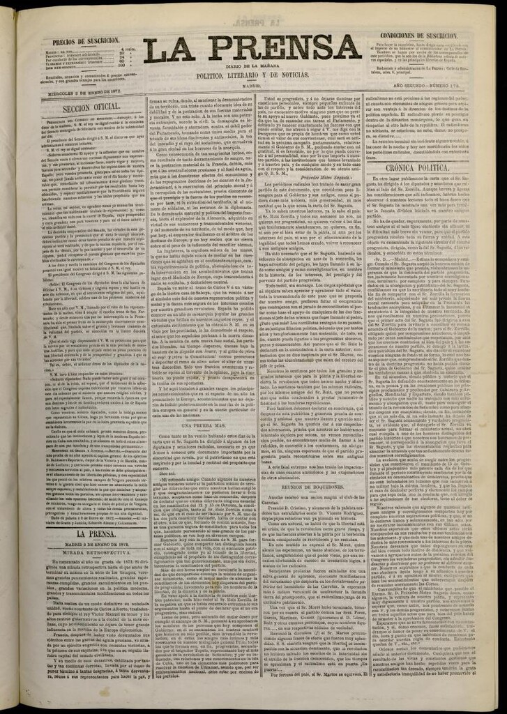 Miniatura de La Prensa : diario de la mañana : político, literario y de noticias del 3 de enero de 1872, nº 175