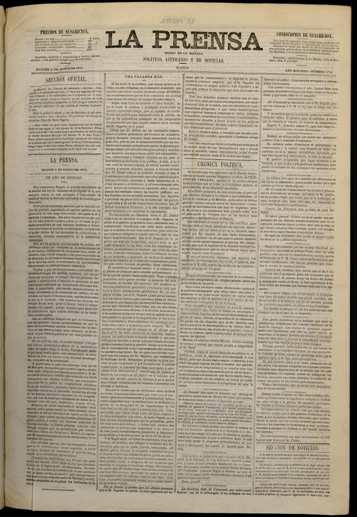 Miniatura de La Prensa : diario de la mañana : político, literario y de noticias del 2 de enero de 1872, nº 174