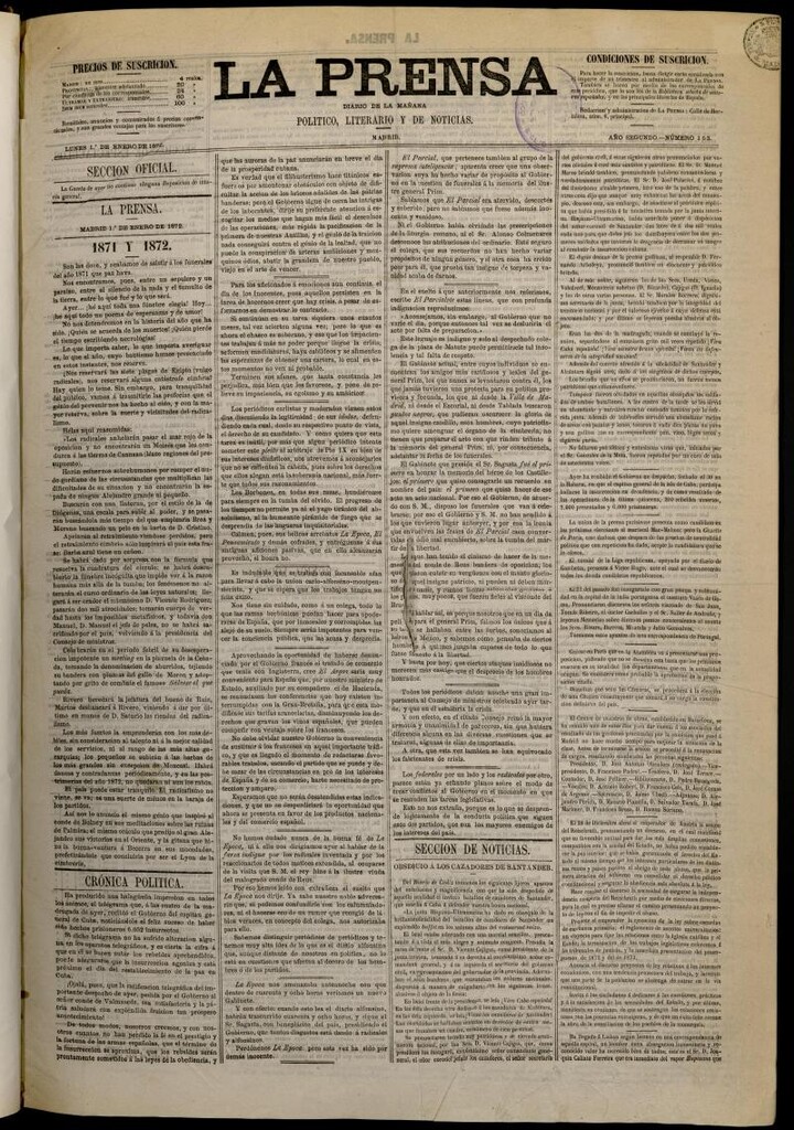 Miniatura de La Prensa : diario de la mañana : político, literario y de noticias del 1 de enero de 1872, nº 153