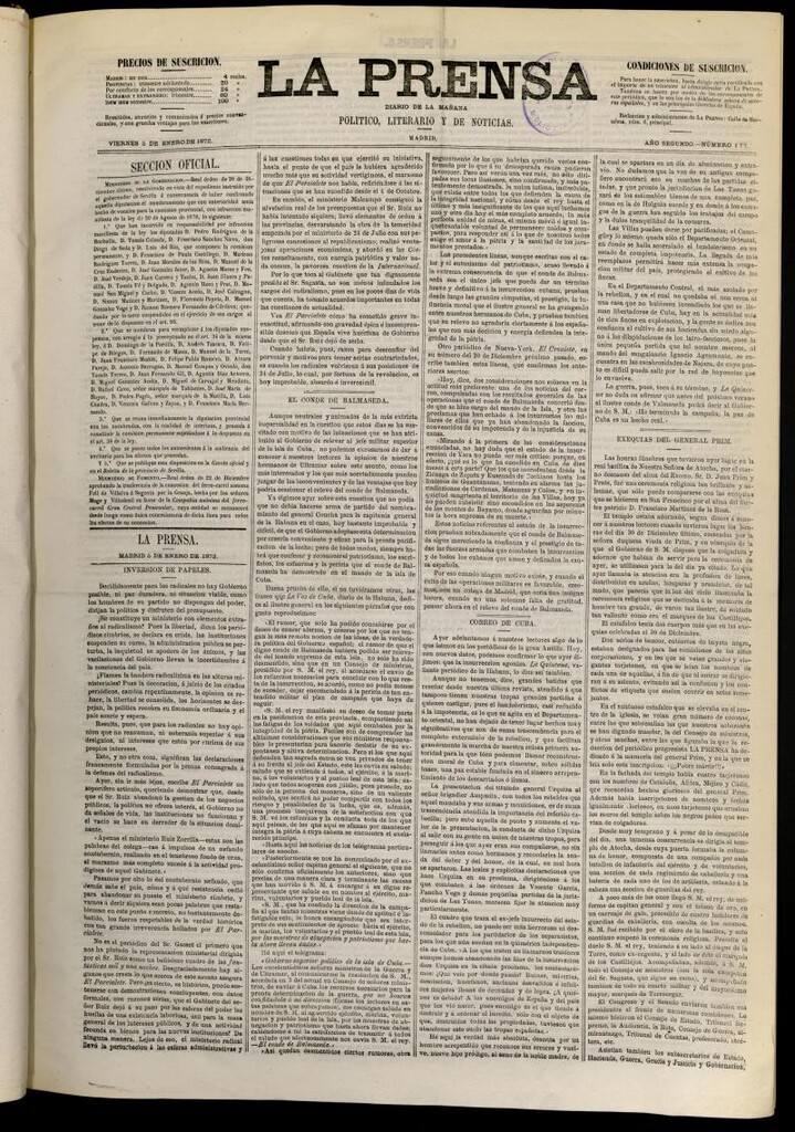 Miniatura de La Prensa : diario de la mañana : político, literario y de noticias del 5 de enero de 1872, nº 177