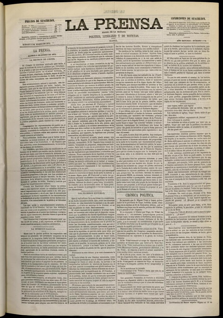 Miniatura de La Prensa : diario de la mañana : político, literario y de noticias del 6 de enero de 1872, nº 178