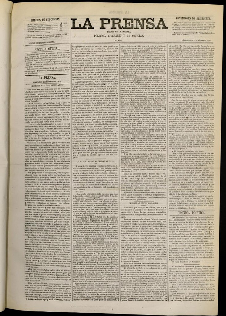 Miniatura de La Prensa : diario de la mañana : político, literario y de noticias del 8 de enero de 1872, nº 198