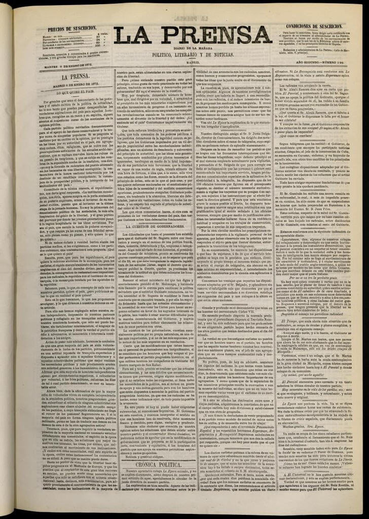 Miniatura de La Prensa : diario de la mañana : político, literario y de noticias del 9 de enero de 1872, nº 199