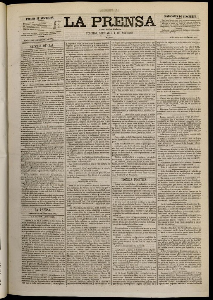 Miniatura de La Prensa : diario de la mañana : político, literario y de noticias del 10 de enero de 1872, nº 200