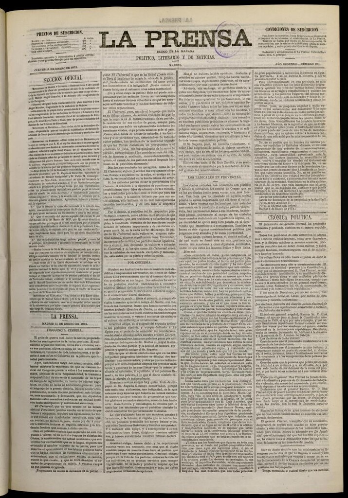Miniatura de La Prensa : diario de la mañana : político, literario y de noticias del 11 de enero de 1872, nº 201