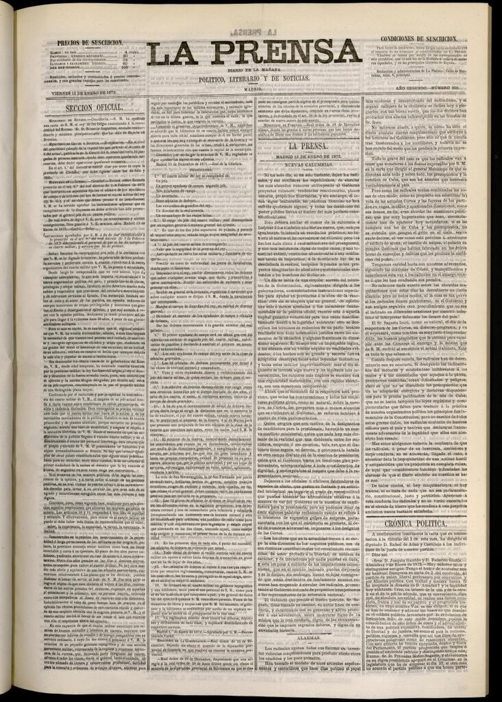 Miniatura de La Prensa : diario de la mañana : político, literario y de noticias del 12 de enero de 1872, nº 202