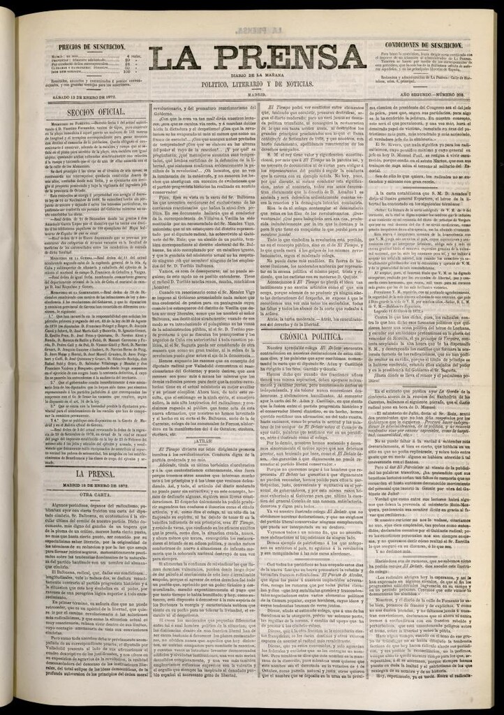Miniatura de La Prensa : diario de la mañana : político, literario y de noticias del 13 de enero de 1872, nº 203