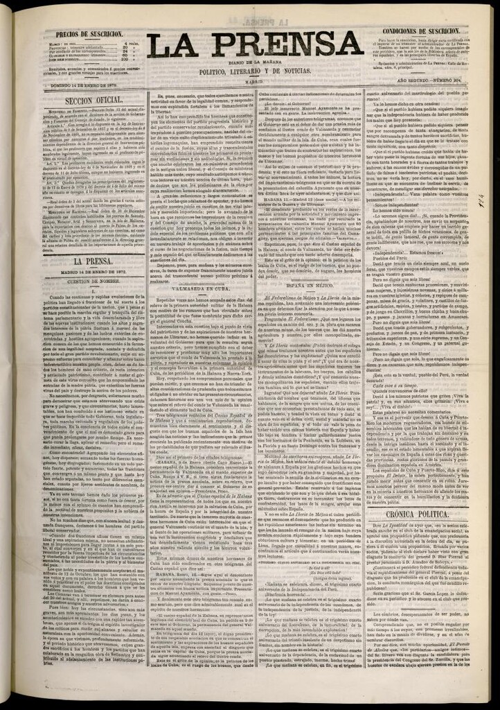 Miniatura de La Prensa : diario de la mañana : político, literario y de noticias del 14 de enero de 1872, nº 204