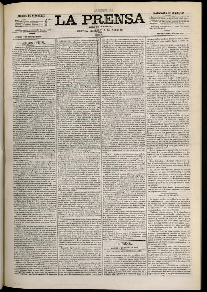 Miniatura de La Prensa : diario de la mañana : político, literario y de noticias del 18 de enero de 1872, nº 208