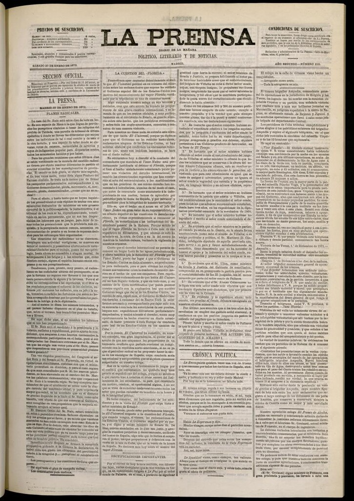 Miniatura de La Prensa : diario de la mañana : político, literario y de noticias del 20 de enero de 1872, nº 210