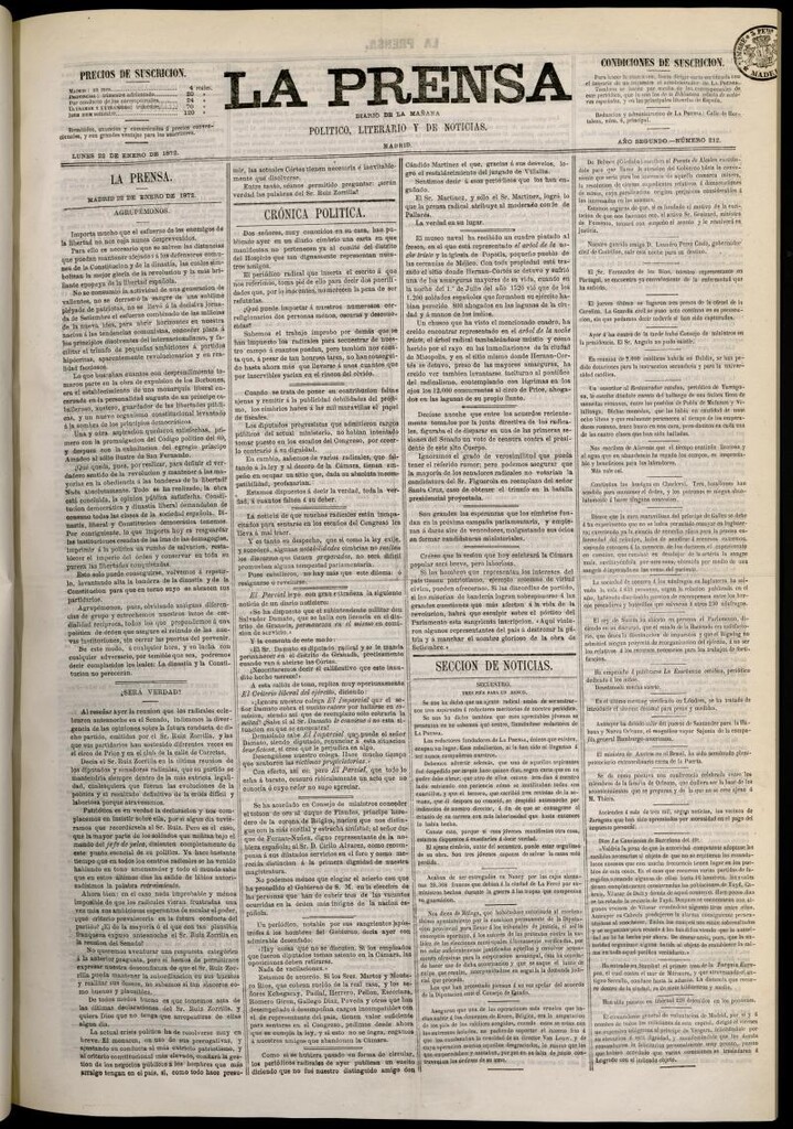 Miniatura de La Prensa : diario de la mañana : político, literario y de noticias del 22 de enero de 1872, nº 212