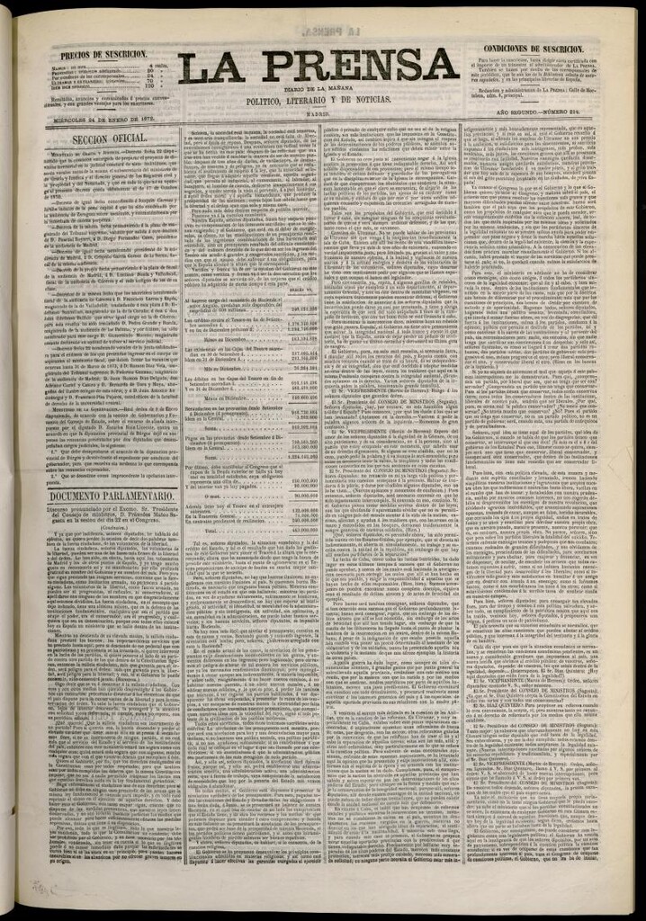 Miniatura de La Prensa : diario de la mañana : político, literario y de noticias del 24 de enero de 1872, nº 214