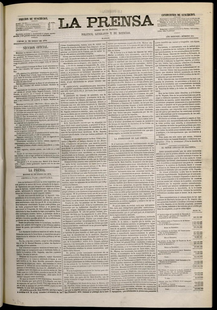 Miniatura de La Prensa : diario de la mañana : político, literario y de noticias del 25 de enero de 1872, nº 215