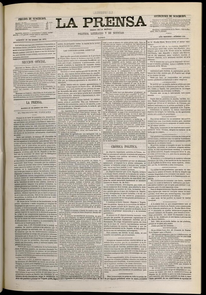 Miniatura de La Prensa : diario de la mañana : político, literario y de noticias del 28 de enero de 1872, nº 218