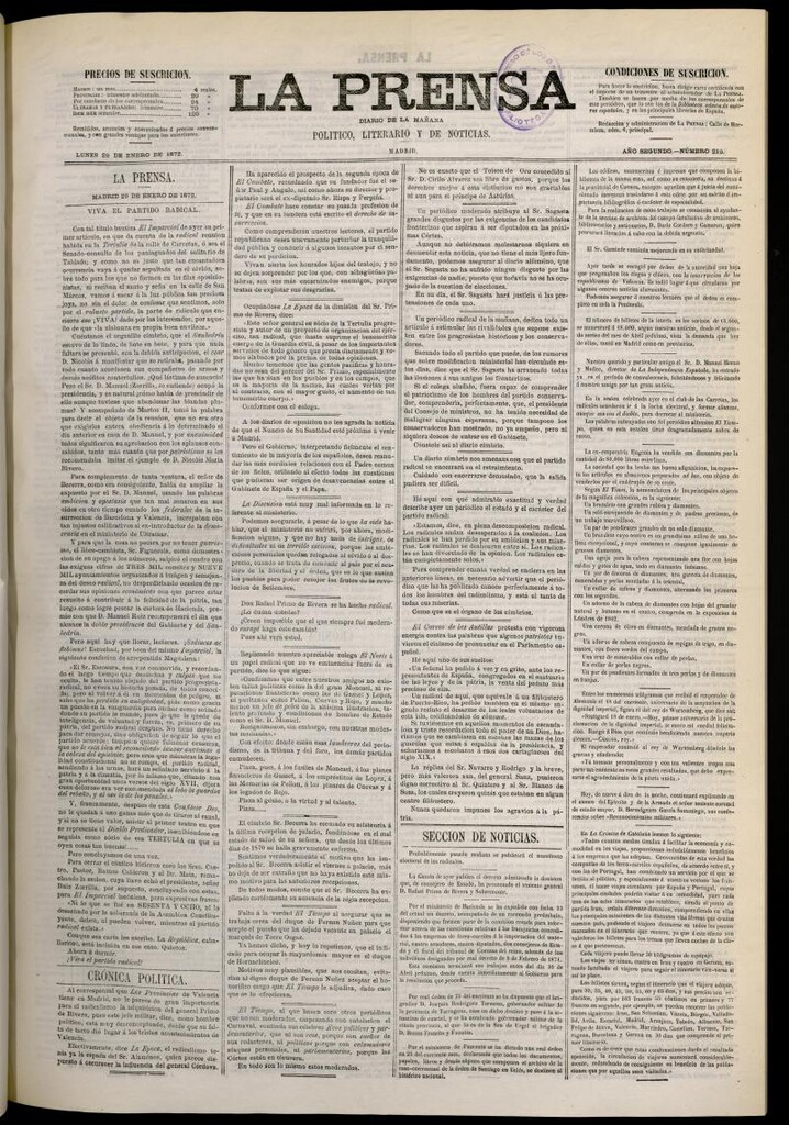 Miniatura de La Prensa : diario de la mañana : político, literario y de noticias del 29 de enero de 1872, nº 219