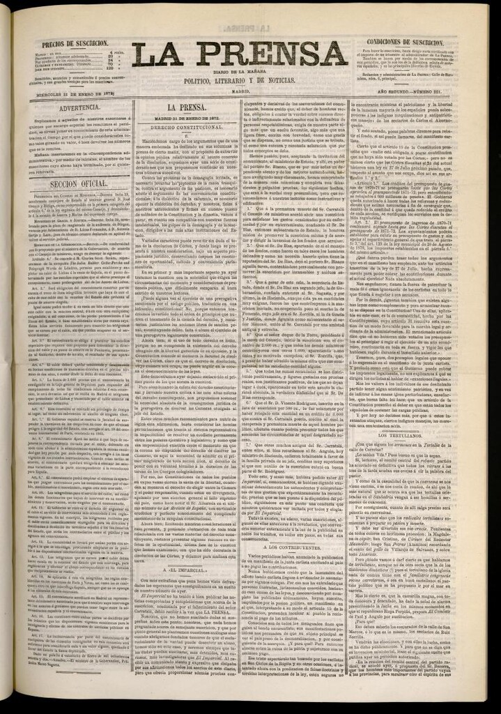 Miniatura de La Prensa : diario de la mañana : político, literario y de noticias del 31 de enero de 1872, nº 221
