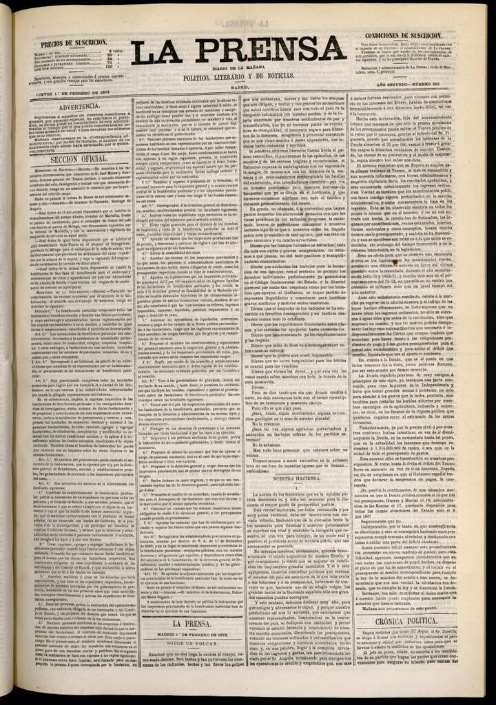 Miniatura de La Prensa : diario de la mañana : político, literario y de noticias del 1 de febrero de 1872, nº 222
