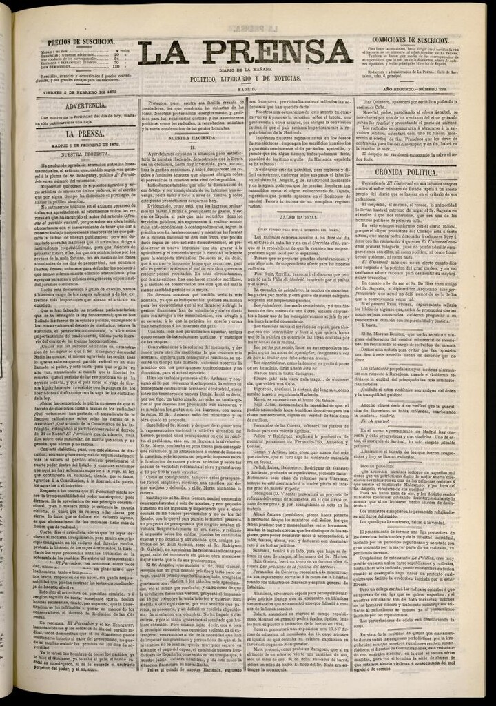 Miniatura de La Prensa : diario de la mañana : político, literario y de noticias del 2 de febrero de 1872, nº 223