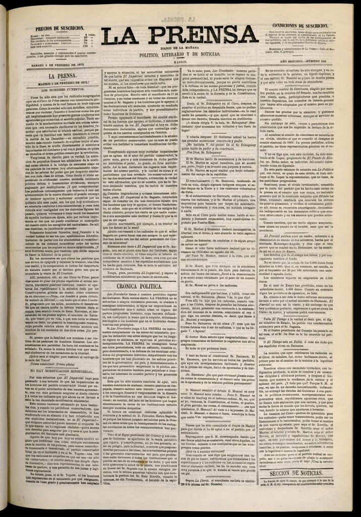 Miniatura de La Prensa : diario de la mañana : político, literario y de noticias del 3 de febrero de 1872, nº 242