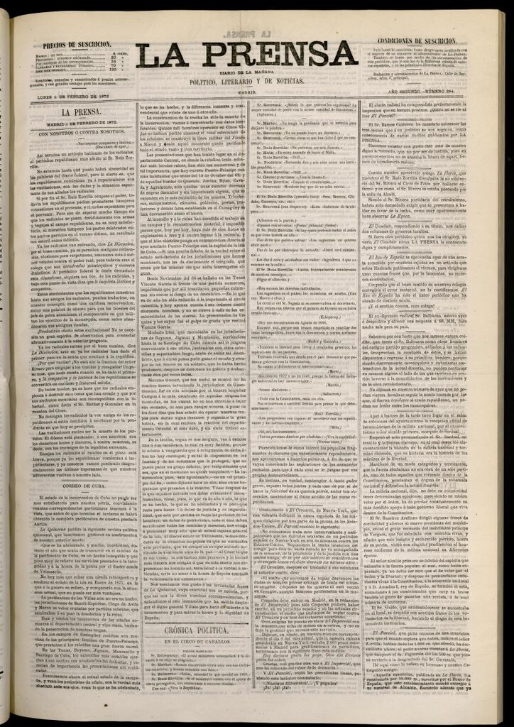 Miniatura de La Prensa : diario de la mañana : político, literario y de noticias del 5 de febrero de 1872, nº 244