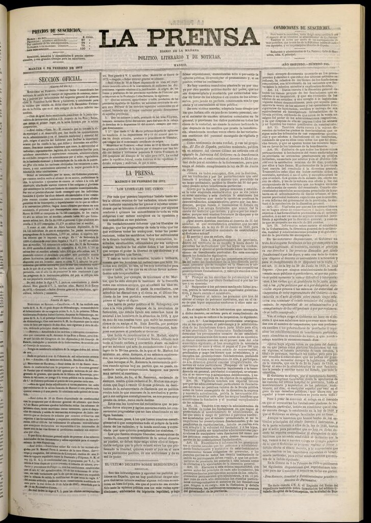 Miniatura de La Prensa : diario de la mañana : político, literario y de noticias del 6 de febrero de 1872, nº 245