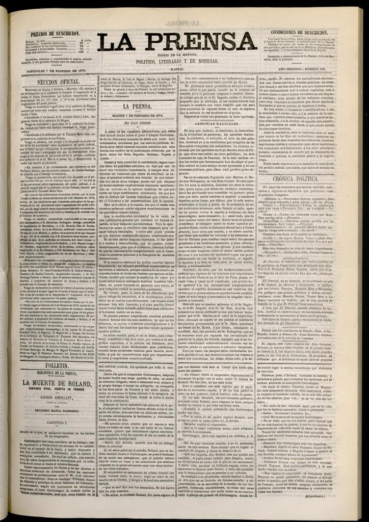 Miniatura de La Prensa : diario de la mañana : político, literario y de noticias del 7 de febrero de 1872, nº 246