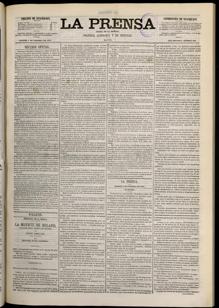 Miniatura de La Prensa : diario de la mañana : político, literario y de noticias del 9 de febrero de 1872, nº 248