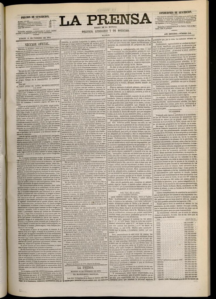 Miniatura de La Prensa : diario de la mañana : político, literario y de noticias del 10 de febrero de 1872, nº 249