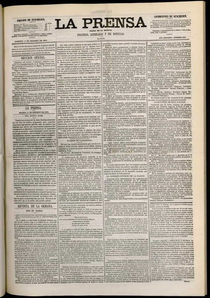 Miniatura de La Prensa : diario de la mañana : político, literario y de noticias del 11 de febrero de 1872, nº 250