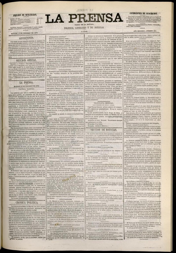 Miniatura de La Prensa : diario de la mañana : político, literario y de noticias del 13 de febrero de 1872, nº 252