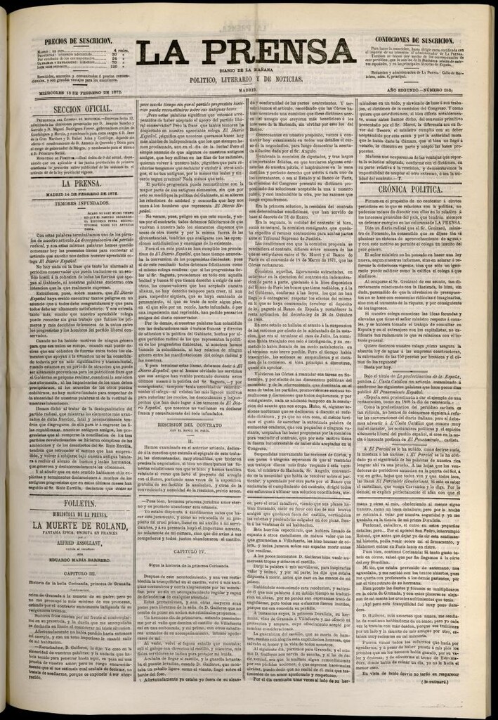 Miniatura de La Prensa : diario de la mañana : político, literario y de noticias del 13 de febrero de 1872, nº 253 [sic]