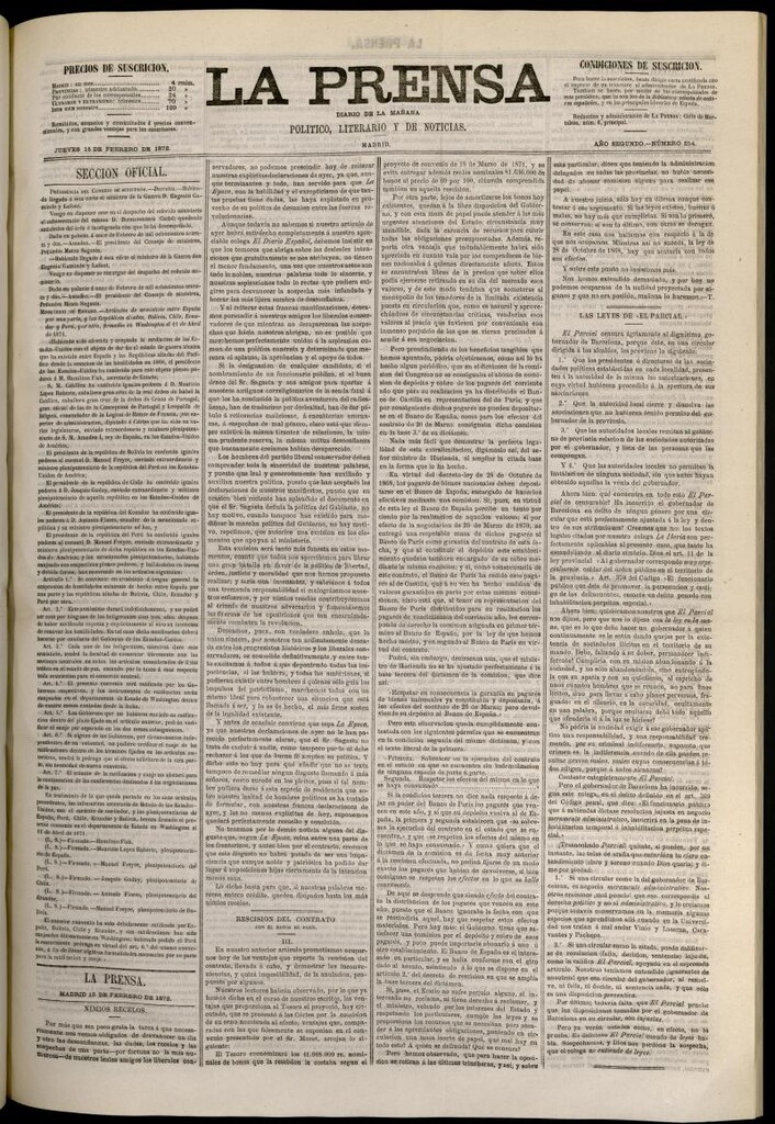 Miniatura de La Prensa : diario de la mañana : político, literario y de noticias del 15 de febrero de 1872, nº 254