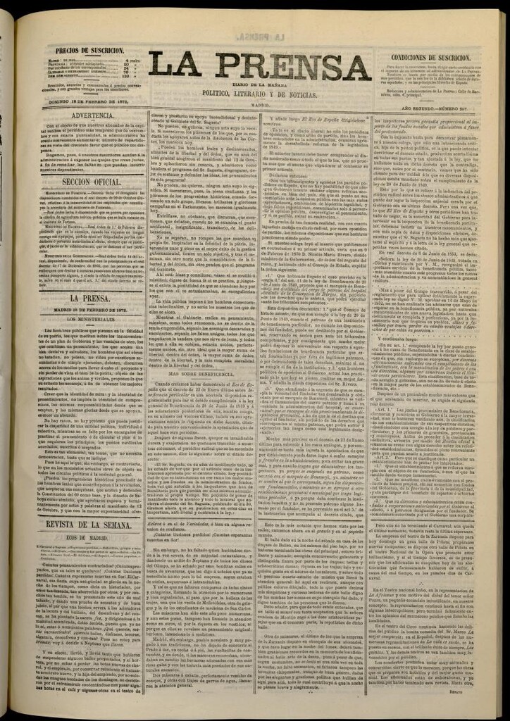 Miniatura de La Prensa : diario de la mañana : político, literario y de noticias del 18 de febrero de 1872, nº 257