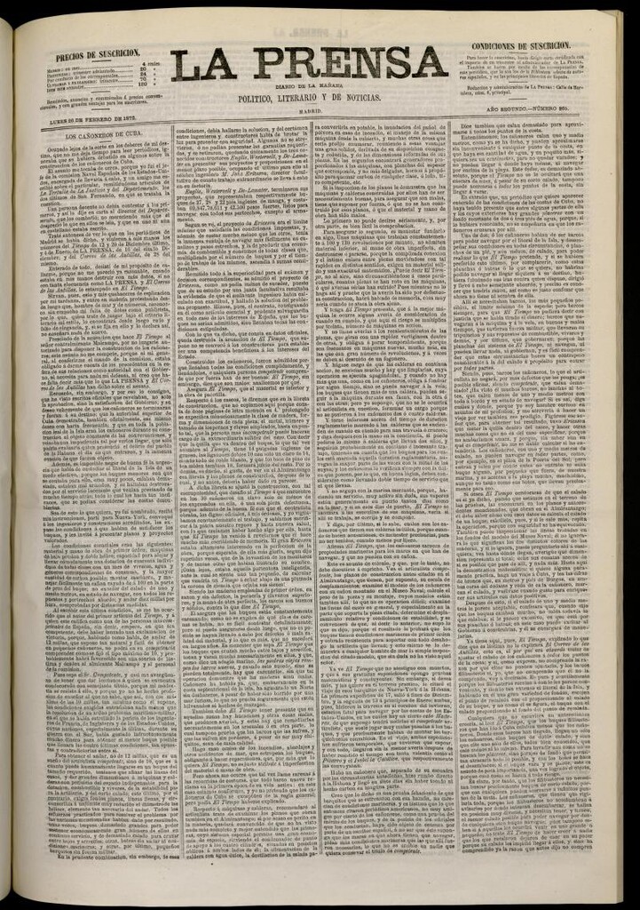 Miniatura de La Prensa : diario de la mañana : político, literario y de noticias del 26 de febrero de 1872, nº 265