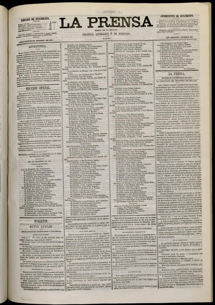 Miniatura de La Prensa : diario de la mañana : político, literario y de noticias del 28 de febrero de 1872, nº 267