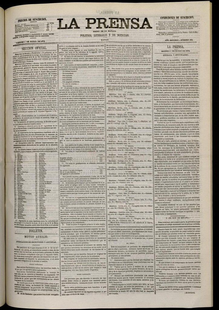 Miniatura de La Prensa : diario de la mañana : político, literario y de noticias del 1 de marzo de 1872, nº 269
