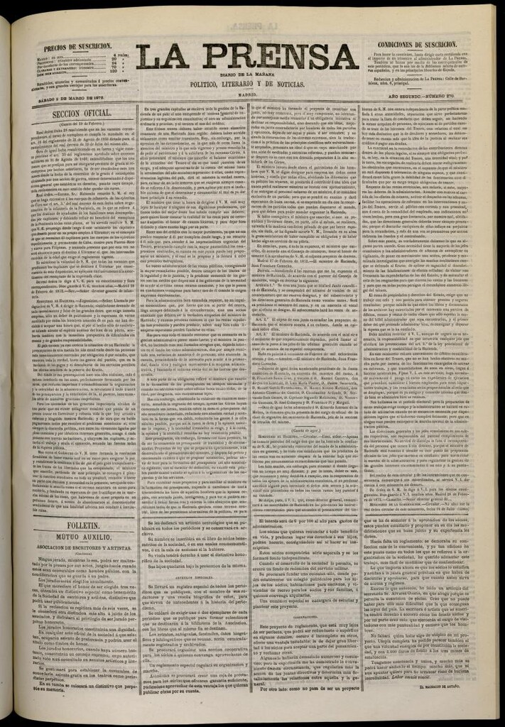 Miniatura de La Prensa : diario de la mañana : político, literario y de noticias del 2 de marzo de 1872, nº 270