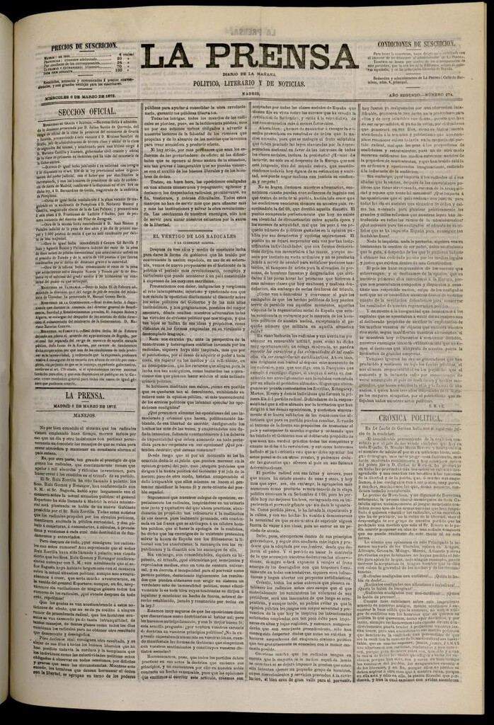 Miniatura de La Prensa : diario de la mañana : político, literario y de noticias del 6 de marzo de 1872, nº 274