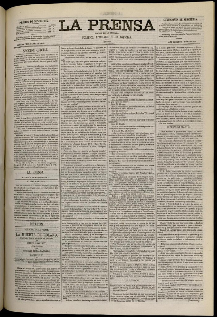 Miniatura de La Prensa : diario de la mañana : político, literario y de noticias del 7 de marzo de 1872, nº 275