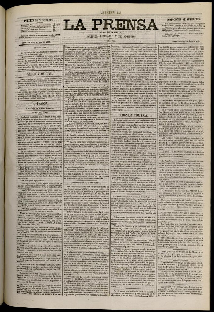 Miniatura de La Prensa : diario de la mañana : político, literario y de noticias del 8 de marzo de 1872, nº 276