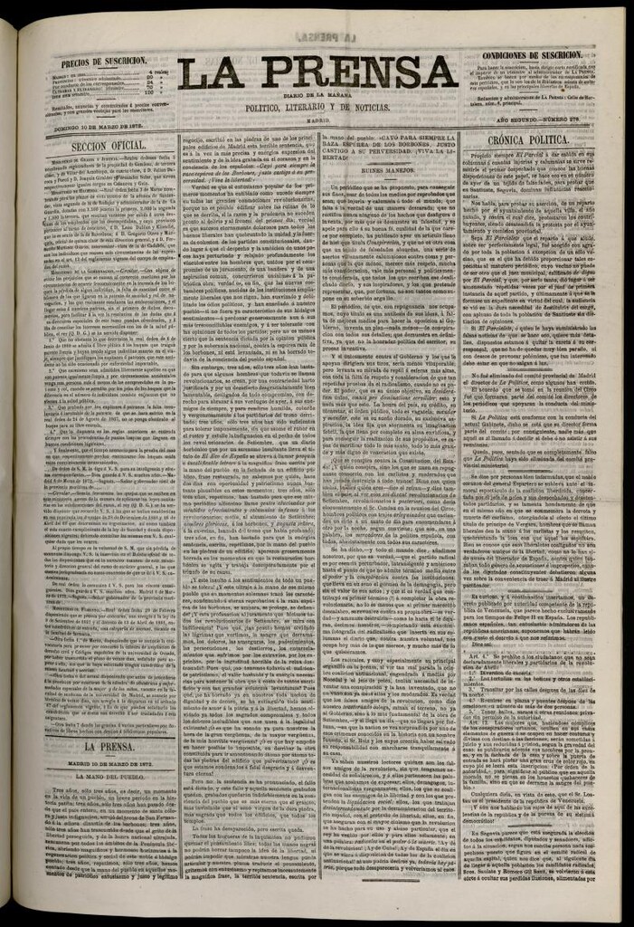 Miniatura de La Prensa : diario de la mañana : político, literario y de noticias del 10 de marzo de 1872, nº 278
