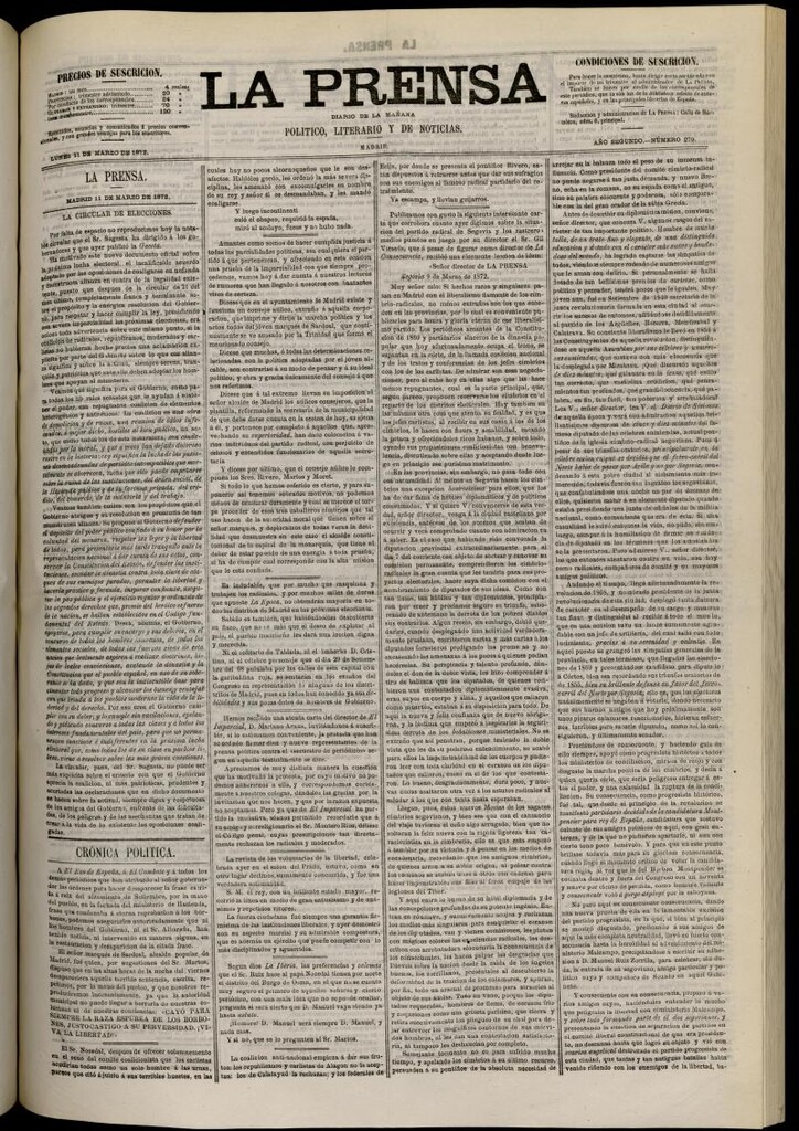 Miniatura de La Prensa : diario de la mañana : político, literario y de noticias del 11 de marzo de 1872, nº 279
