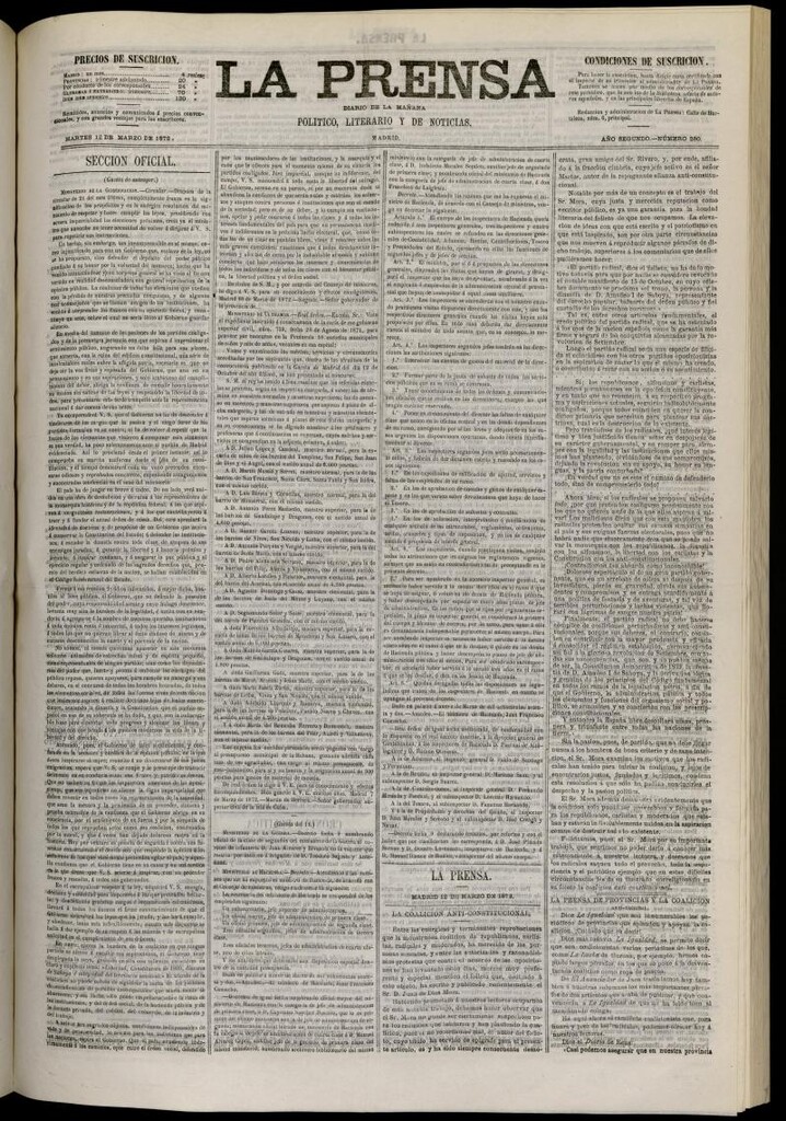 Miniatura de La Prensa : diario de la mañana : político, literario y de noticias del 12 de marzo de 1872, nº 280