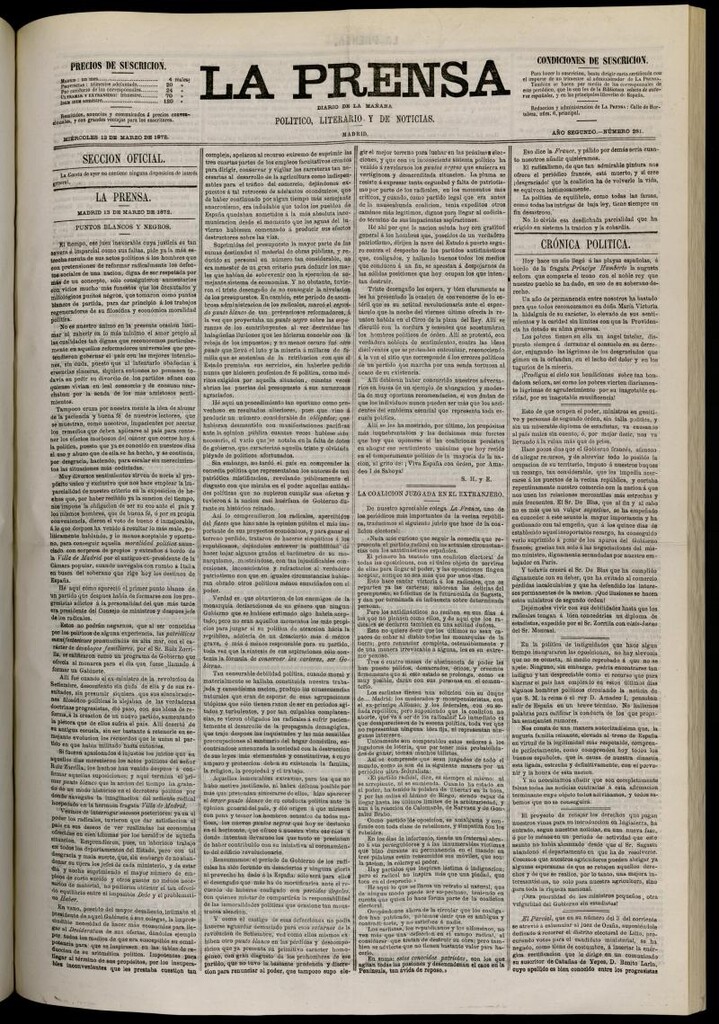 Miniatura de La Prensa : diario de la mañana : político, literario y de noticias del 13 de marzo de 1872, nº 281